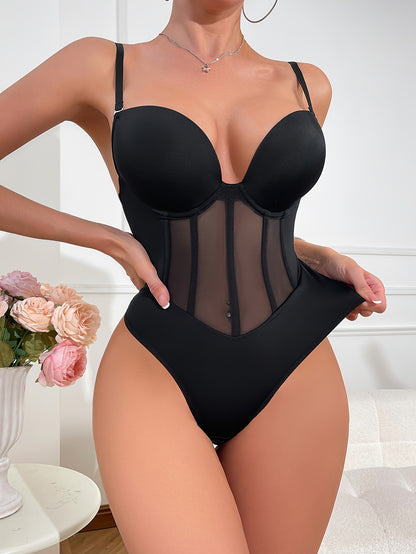 SHAPMAMA™ Women's Tummy Control Thong Sheer Mesh Corset Top Backless Bodysuits