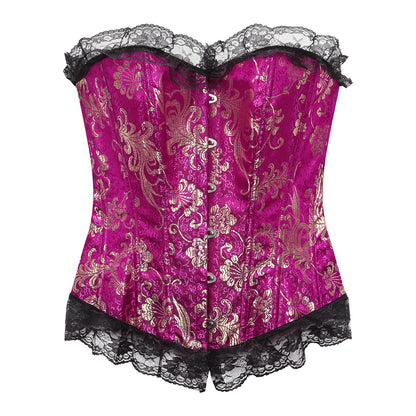SHAPMAMA™ Lace Trim Elegant Royal Red Festive Bodysuit With High Waist And Bust Support, Corset Style