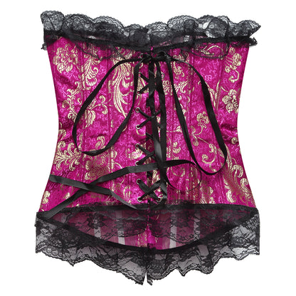 SHAPMAMA™ Lace Trim Elegant Royal Red Festive Bodysuit With High Waist And Bust Support, Corset Style