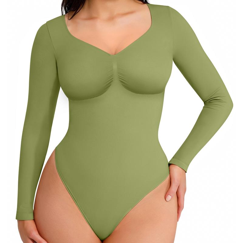 SHAPMAMA™Women's Seamless Shaping Long Sleeve Thong Comfortable Bodysuit for Tops and Underwear Lady Comfort Basic