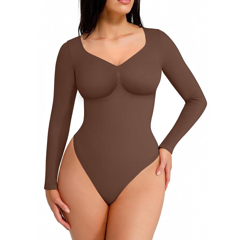 SHAPMAMA™Women's Seamless Shaping Long Sleeve Thong Comfortable Bodysuit for Tops and Underwear Lady Comfort Basic